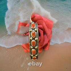 Vintage signed RCNavajo coral Sterling silver domed Coral Cuff 6.5 With Stretch