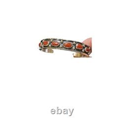 Vintage signed RCNavajo coral Sterling silver domed Coral Cuff 6.5 With Stretch