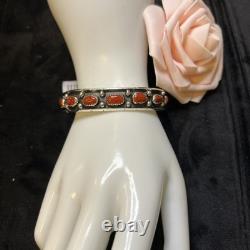 Vintage signed RCNavajo coral Sterling silver domed Coral Cuff 6.5 With Stretch