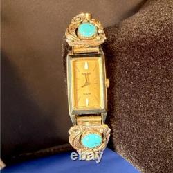 Vintage sterling silver NATIVE American turquoise coral CZ Seiko Solar Quartz