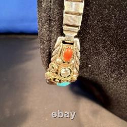 Vintage sterling silver NATIVE American turquoise coral CZ Seiko Solar Quartz
