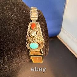 Vintage sterling silver NATIVE American turquoise coral CZ Seiko Solar Quartz