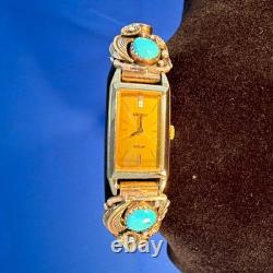 Vintage sterling silver NATIVE American turquoise coral CZ Seiko Solar Quartz