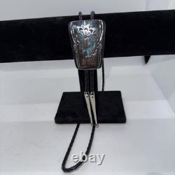 Vintage turquoise coral chip inlay sterling silver Bolo Tie Kokopelli figure CH