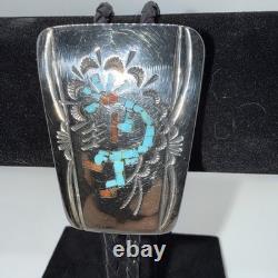 Vintage turquoise coral chip inlay sterling silver Bolo Tie Kokopelli figure CH