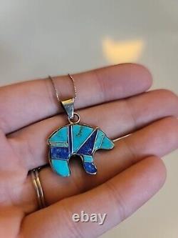 Vintage zuni Native turquoise Blue Bear With. 925 Silver Chain Jewelry Necklace