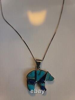 Vintage zuni Native turquoise Blue Bear With. 925 Silver Chain Jewelry Necklace