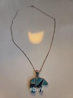 Vintage zuni Native turquoise Blue Bear With. 925 Silver Chain Jewelry Necklace