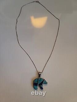 Vintage zuni Native turquoise Blue Bear With. 925 Silver Chain Jewelry Necklace