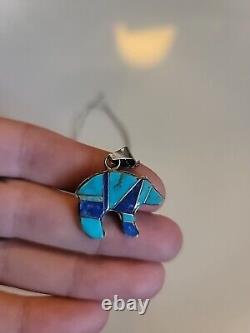 Vintage zuni Native turquoise Blue Bear With. 925 Silver Chain Jewelry Necklace