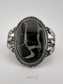 Vtg 1940 Fred Harvey Navajo Sterling Silver Snowflake Obsidian Cuff Bracelet 46g
