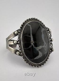 Vtg 1940 Fred Harvey Navajo Sterling Silver Snowflake Obsidian Cuff Bracelet 46g