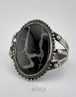 Vtg 1940 Fred Harvey Navajo Sterling Silver Snowflake Obsidian Cuff Bracelet 46g