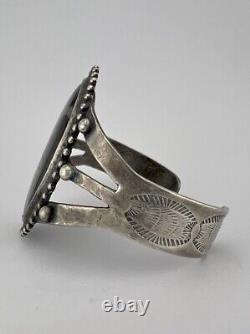 Vtg 1940 Fred Harvey Navajo Sterling Silver Snowflake Obsidian Cuff Bracelet 46g