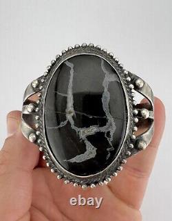 Vtg 1940 Fred Harvey Navajo Sterling Silver Snowflake Obsidian Cuff Bracelet 46g