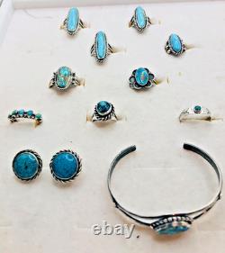 Vtg. 1940s Lot 10 Silver & Turquoise Rings UITA Trading Post + ERs & &racelet