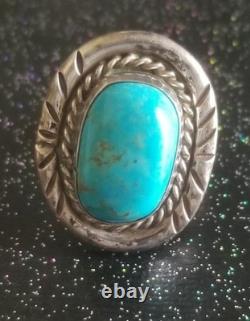 Vtg 1970s Navajo Native American Handcrafted Turquoise Sterling Silver Ring 10