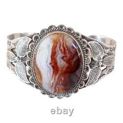 Vtg Agate Sterling Silver Cuff Bracelet Native Stampwork Applique Cracked Stone