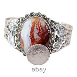 Vtg Agate Sterling Silver Cuff Bracelet Native Stampwork Applique Cracked Stone