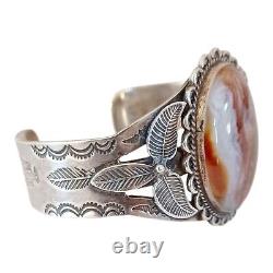 Vtg Agate Sterling Silver Cuff Bracelet Native Stampwork Applique Cracked Stone