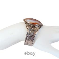 Vtg Agate Sterling Silver Cuff Bracelet Native Stampwork Applique Cracked Stone