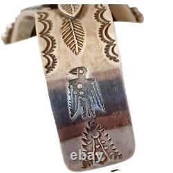 Vtg Agate Sterling Silver Cuff Bracelet Native Stampwork Applique Cracked Stone
