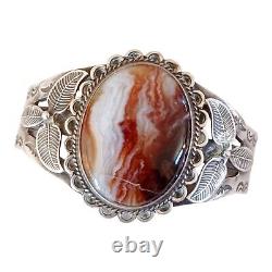 Vtg Agate Sterling Silver Cuff Bracelet Native Stampwork Applique Cracked Stone