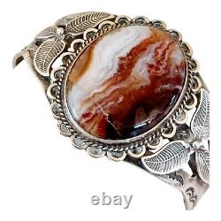 Vtg Agate Sterling Silver Cuff Bracelet Native Stampwork Applique Cracked Stone