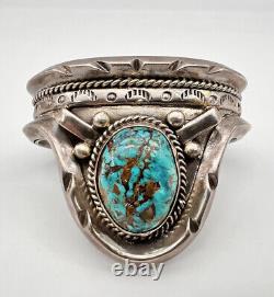 Vtg Apache Sterling Silver Pilot Mountain Turquoise Carinated Cuff Bracelet 116g