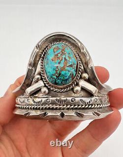 Vtg Apache Sterling Silver Pilot Mountain Turquoise Carinated Cuff Bracelet 116g