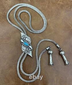 Vtg Carlisle Jewelry Albuquerque 925 Polo Tie Turquoise Mesh Chain Necklace 34