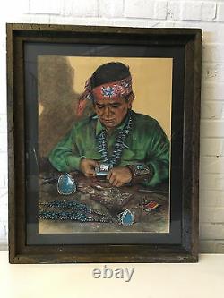 Vtg Chalk / Pastel Drawing Southwestern or Indian Man Making Turquoise Jewelry