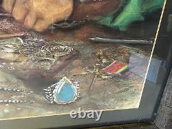 Vtg Chalk / Pastel Drawing Southwestern or Indian Man Making Turquoise Jewelry