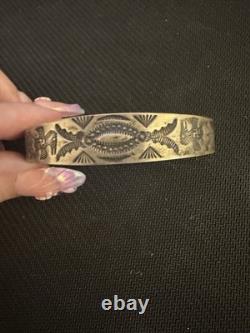 Vtg Coin. 900 Silver NA Navajo Whirling Logs Thunderbird Cuff Bracelet, 5in Long
