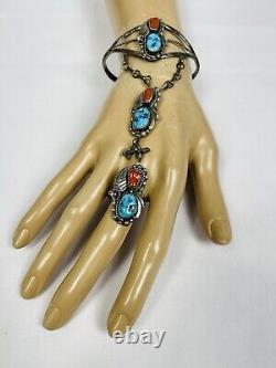 Vtg DB Navajo Sterling Silver Turquoise Coral Slave Cuff Bracelet Ring 27.2g