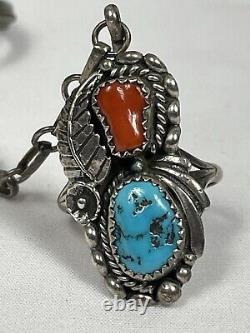 Vtg DB Navajo Sterling Silver Turquoise Coral Slave Cuff Bracelet Ring 27.2g