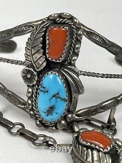 Vtg DB Navajo Sterling Silver Turquoise Coral Slave Cuff Bracelet Ring 27.2g