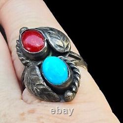 Vtg Early Old Pawn Navajo Turquoise & Coral Sterling Silver 925 Ring SZ 6.75