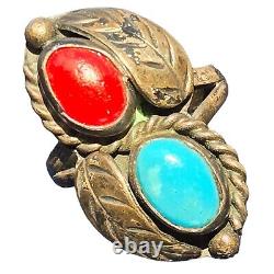 Vtg Early Old Pawn Navajo Turquoise & Coral Sterling Silver 925 Ring SZ 6.75