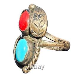 Vtg Early Old Pawn Navajo Turquoise & Coral Sterling Silver 925 Ring SZ 6.75