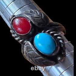 Vtg Early Old Pawn Navajo Turquoise & Coral Sterling Silver 925 Ring SZ 6.75