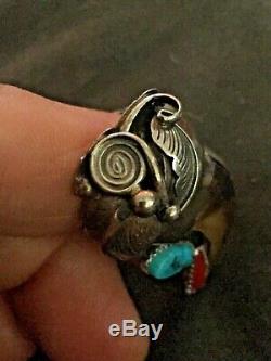 Vtg Elizabeth E. Etsitty Sterling Silver Navajo Claw Ring Turquoise Coral Size 9