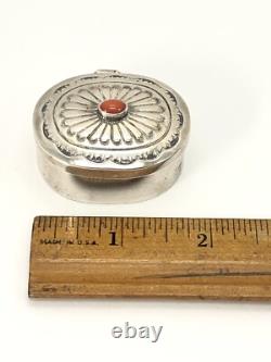 Vtg Ernest Bilagody Navajo Sterling Silver Red Coral Trinket Jewelry Pill Box