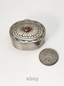 Vtg Ernest Bilagody Navajo Sterling Silver Red Coral Trinket Jewelry Pill Box