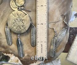 Vtg Fred Guerrero Native American 925 Silver Jewelry Set 30 In Necklace/Earrings