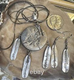 Vtg Fred Guerrero Native American 925 Silver Jewelry Set 30 In Necklace/Earrings
