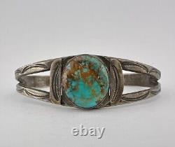 Vtg Fred Harvey Navajo Coin Silver Stamped Royston Turquoise Cuff Bracelet