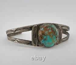 Vtg Fred Harvey Navajo Coin Silver Stamped Royston Turquoise Cuff Bracelet