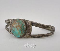 Vtg Fred Harvey Navajo Coin Silver Stamped Royston Turquoise Cuff Bracelet