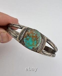 Vtg Fred Harvey Navajo Coin Silver Stamped Royston Turquoise Cuff Bracelet